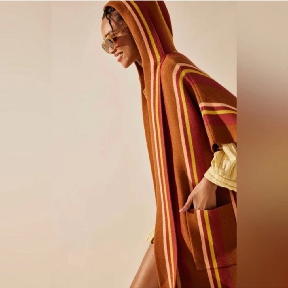Free People All I Need Striped Hooded Poncho‎ Cardigan Sweater O/S Amber Boho
